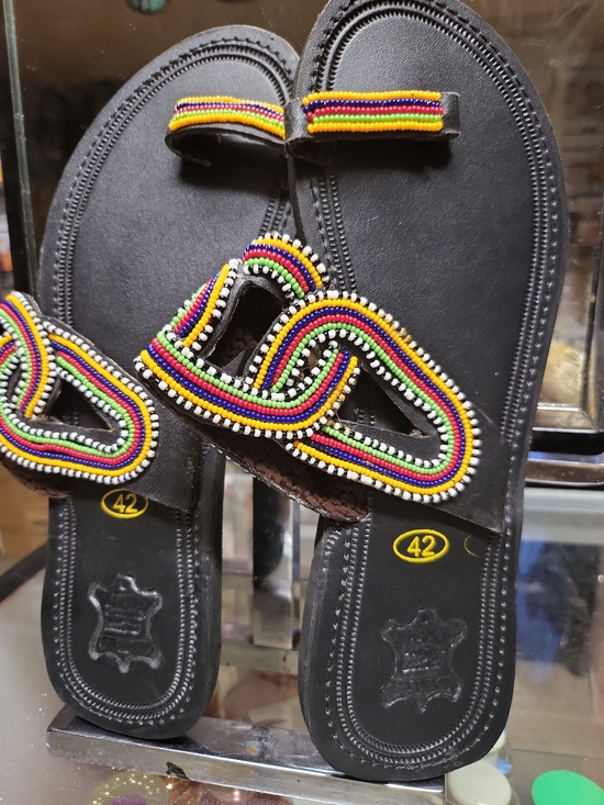 Shoes - African Maasai Beaded Black Leather Sandals with Multicolor Beadwork Size 11